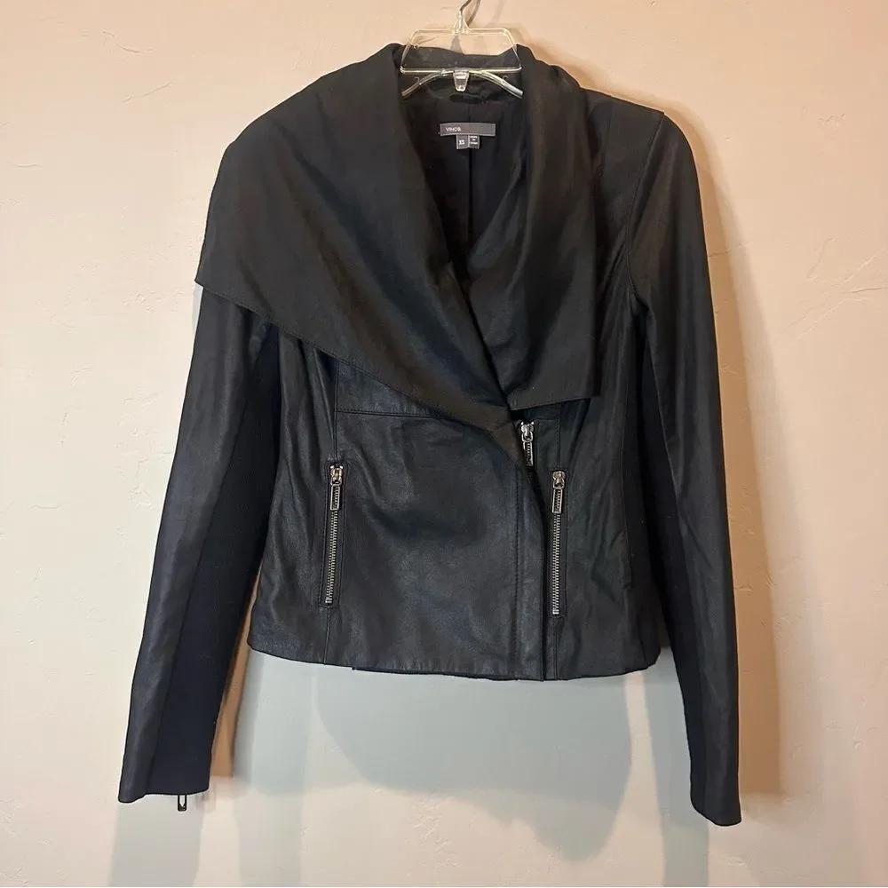 Vince | black leather moto asymmetrical zip paper leather knit moto style jacket - Picture 2 of 5